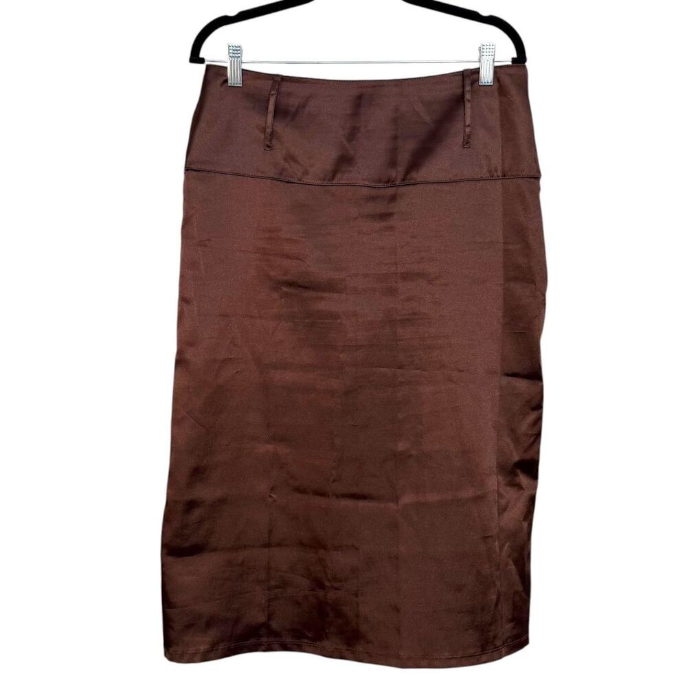 Co-Me Como VTG Y2K Brown Satin Midi Skirt Shimmer USA Made Minimalist Goth L